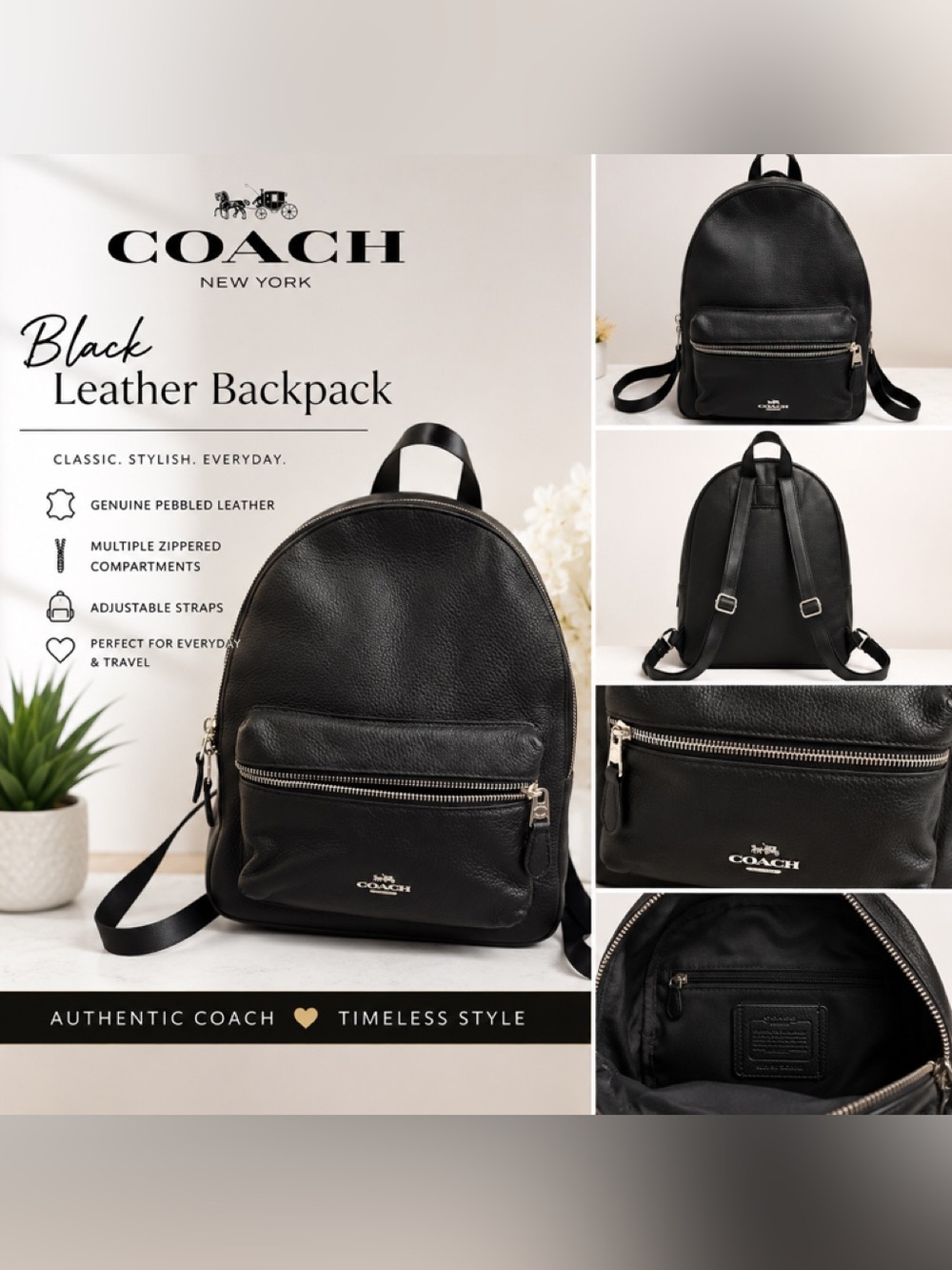 Coach Black Pebbled Leather Backpack with Silver Hardware